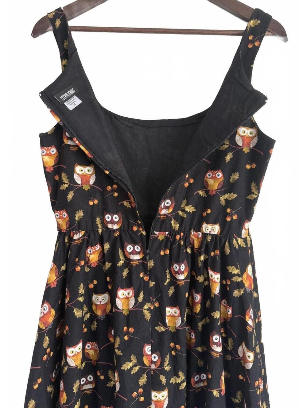 Retrolicious Owl Print Sleeveless Fit & Flare Dress Size M Black Cotton Pockets - Picture 3 of 15